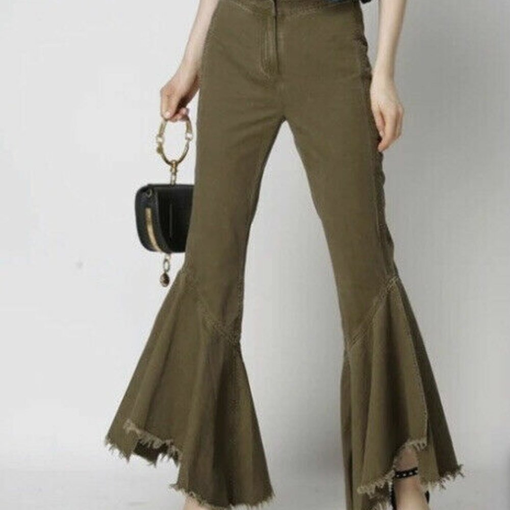 Caara Olive Green Duncan Pants Women Raw Asymmetrical Slit Hem sz 26